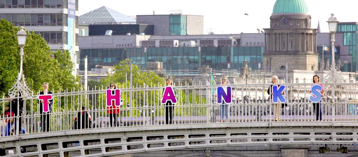 NO REPRO FEE 6/9/2020 Public urged to say thanks to volunteers this National Volunteering Week (21st – 27th September). Pictured are, from left, Seán Moynihan (ALONE), Mary Quinn (Irish Cancer Society), Emma Hopper (Volunteer Ireland), Amy Woods (Volunteer Ireland),  Linda Smith (Women’s Aid) and Emma Barnes (Aware) coming together to say thank you to volunteers who have given so much during COVID-19. To get involved, see volunteer.ie. PHOTO: Mark Stedman